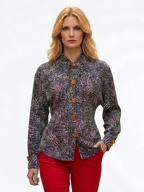 Julie V England 100% Silk 90s Abstract Animal Print Blouse 8 Top Light Blue Tan